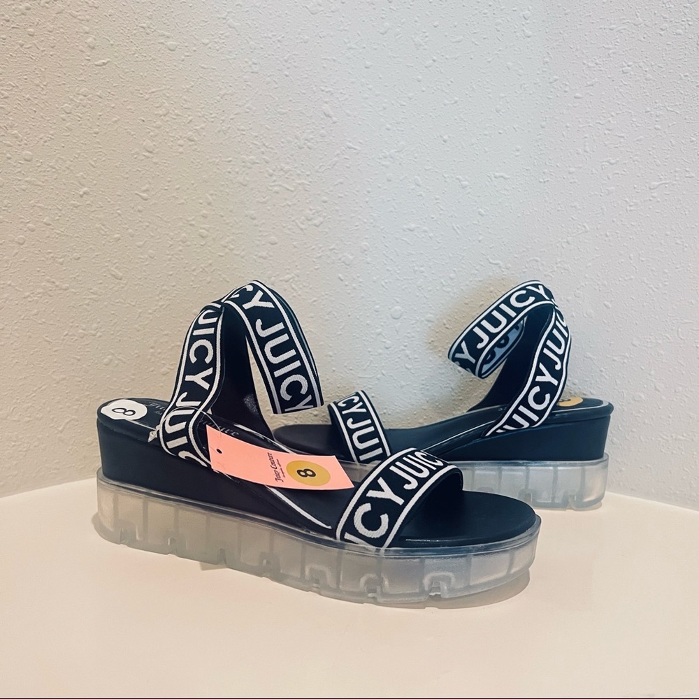 Juicy Couture Driven Logo Black& White Wedge Sandals Size 8 NEW